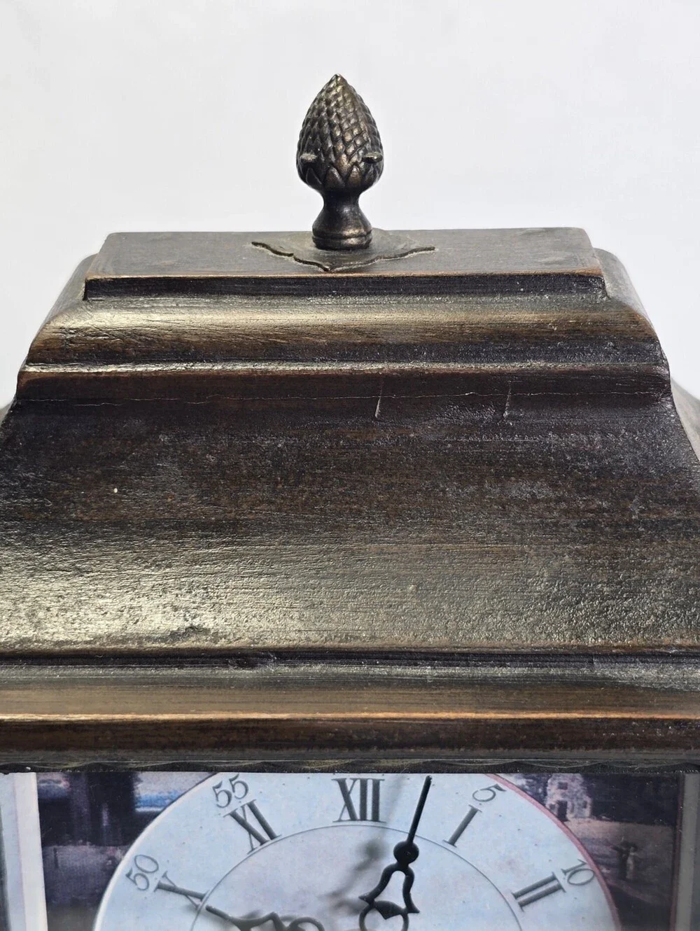 Vtg  Wooden Mantle Clock with Roman Numerals 10” Tall  New Batteries Installed.